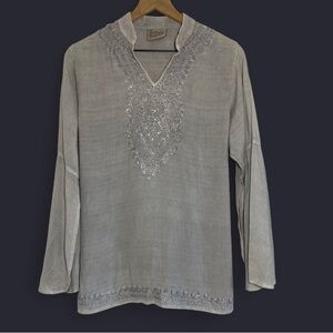 Braja Y2k Sequin Gray Long Flare Sleeve Slit Top Tunic Back Tie Casual Embroider